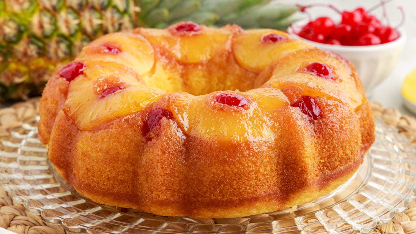 This pineapple upside down bundt cake is slightly denser than the classic version as it takes on mor