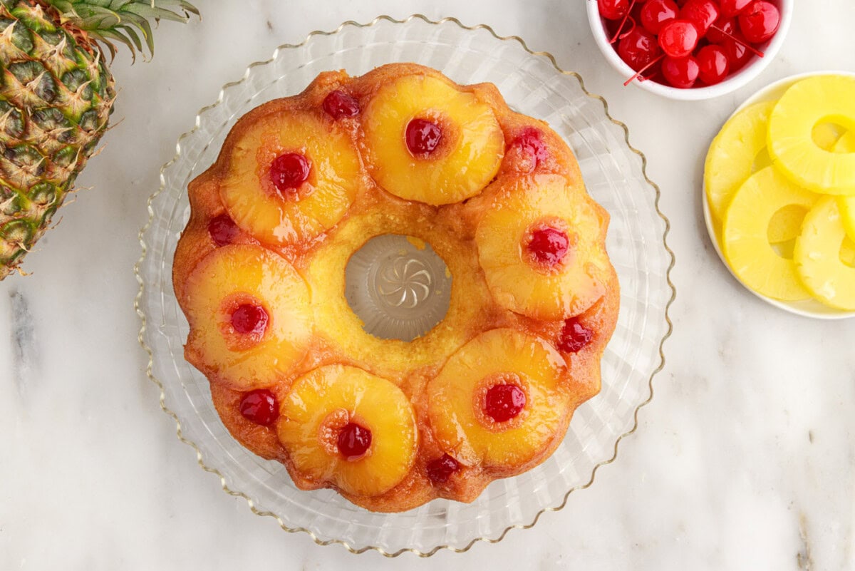 pineapple upside down bundt cake on a platter