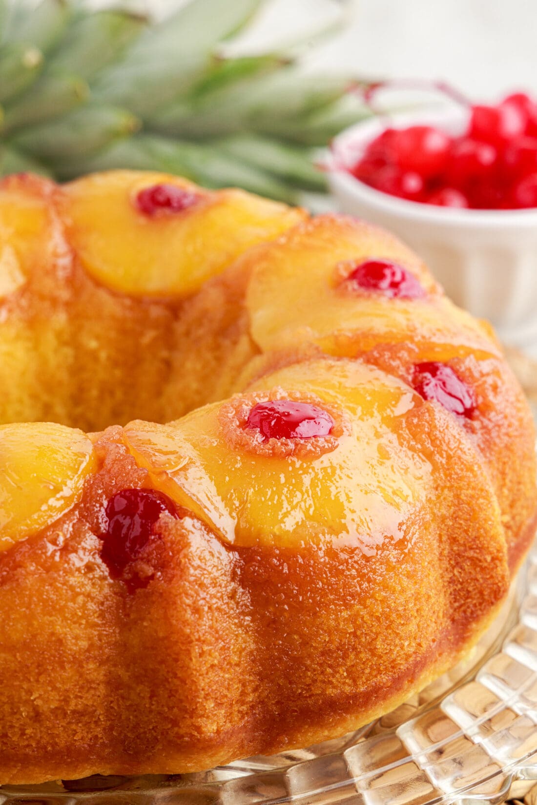 Close up photo of a Pineapple Upside Down Bundt Cake