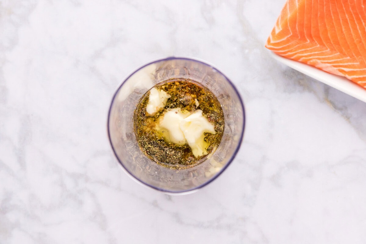 salmon marinade ingredients in an immersion blender