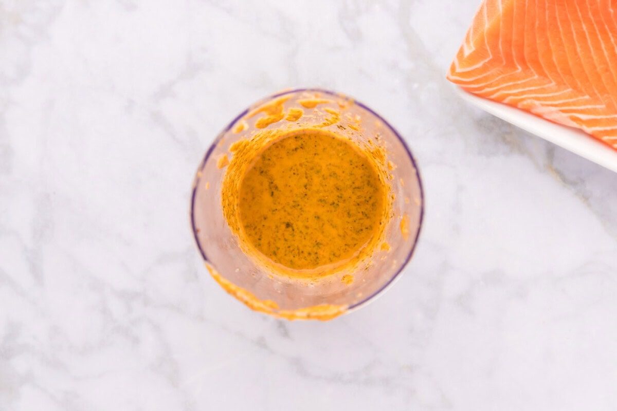 pulsed marinade for salmon in an immersion blender