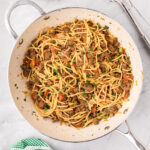 Overhead photo of a skillet of Taco Spaghetti