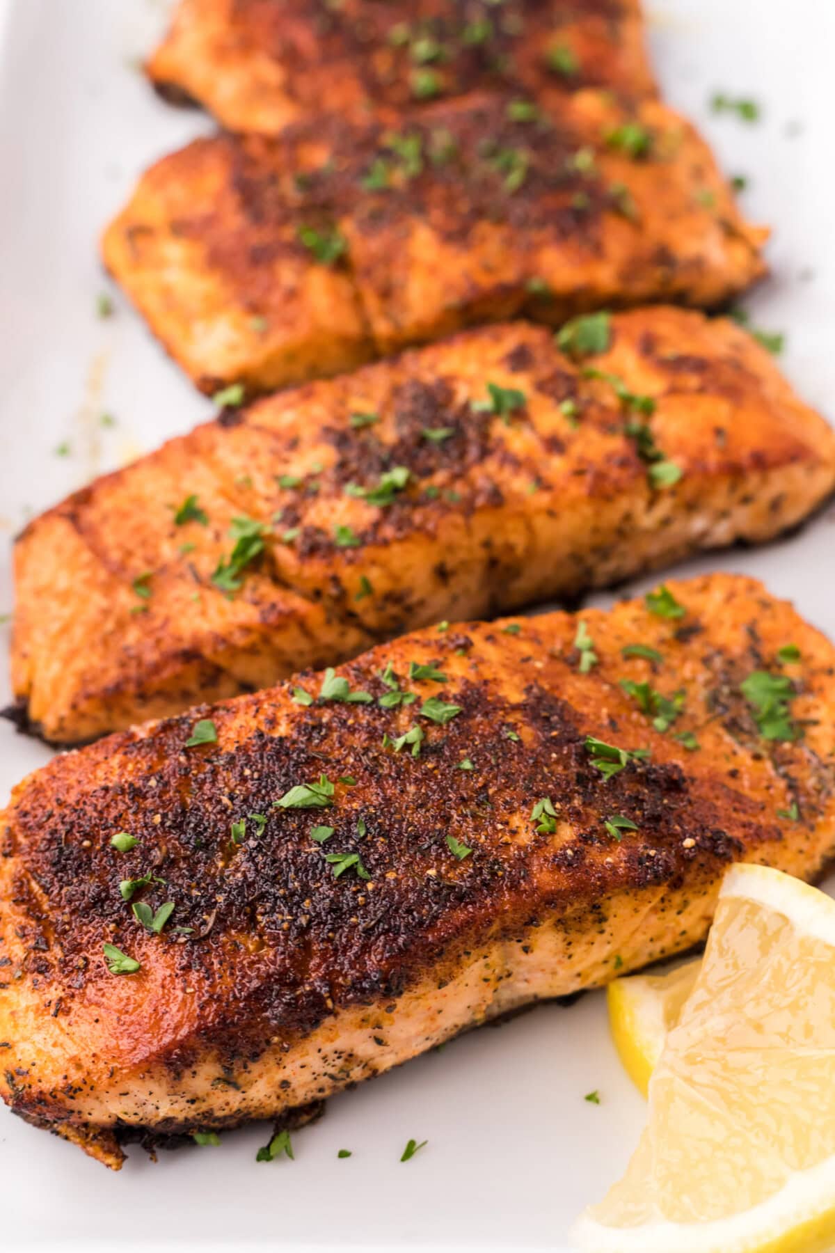 Close up photo of a platter of Cajun Salmon