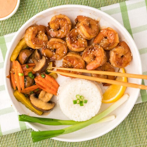 Bowl of Hibachi Shrimp served with vegetables and rice