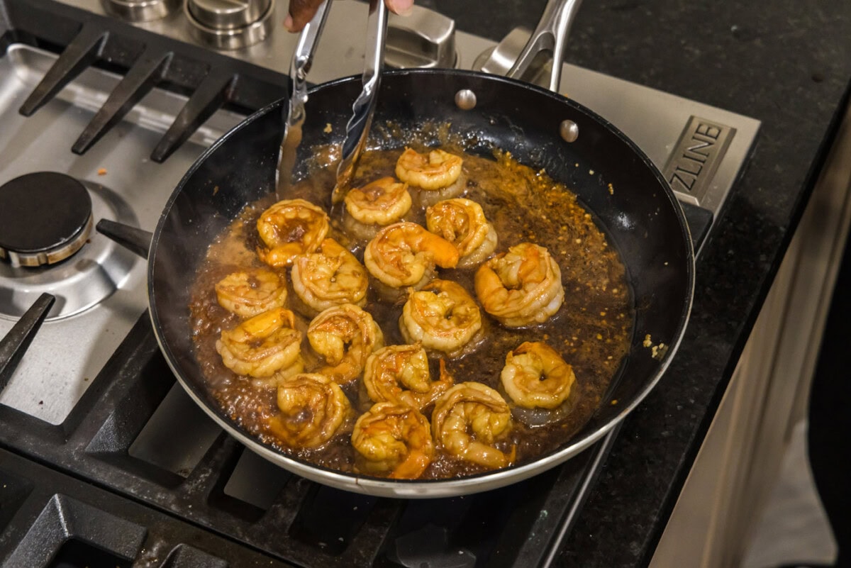 pan seared hibachi shrimp in a skillet