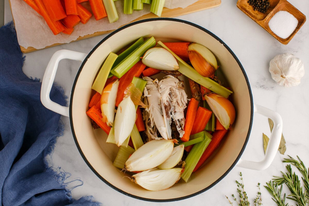 chicken stock ingredients in a stockpot