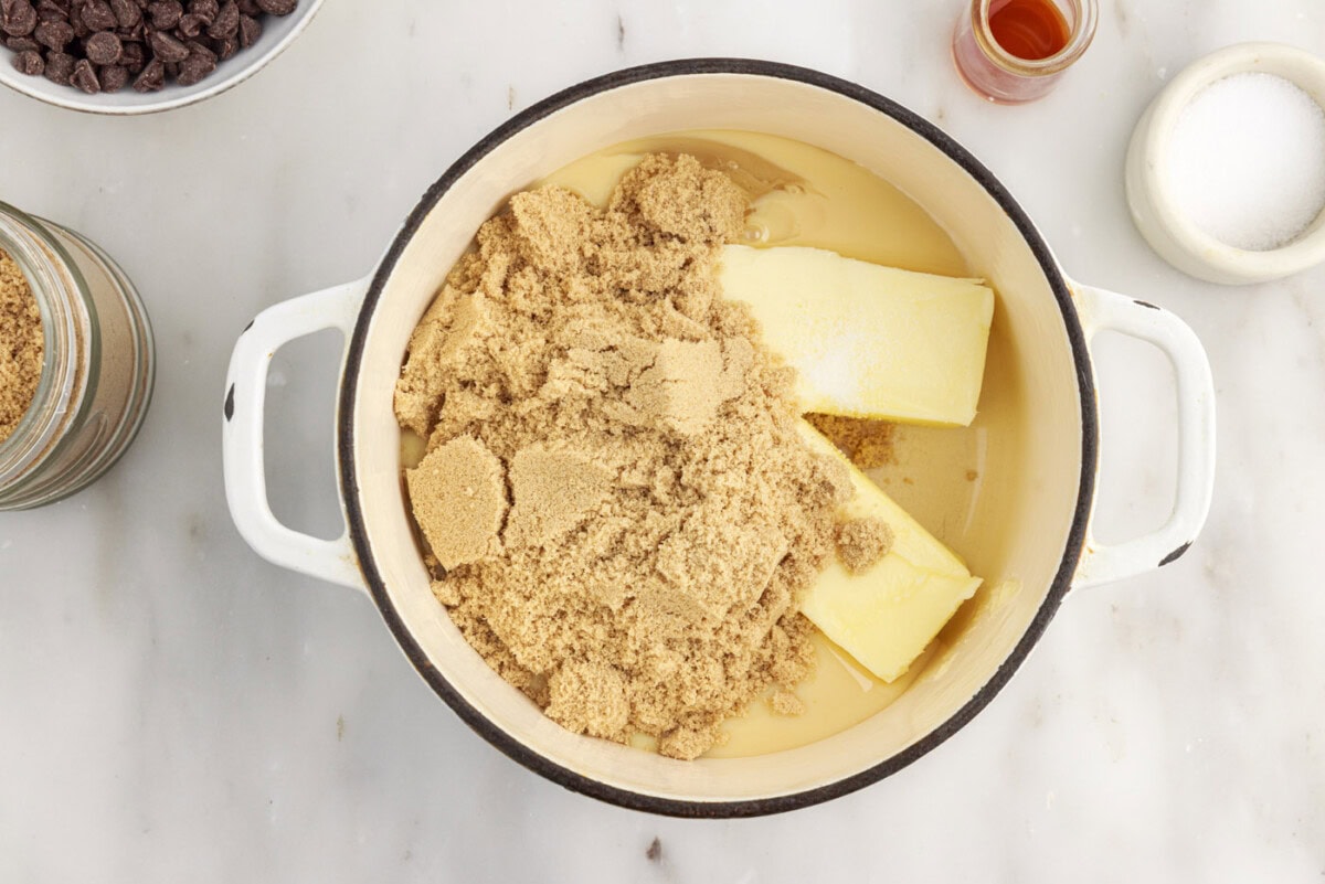 butter, brown sugar, sweetened condensed milk, corn syrup, vanilla, and salt in a saucepan