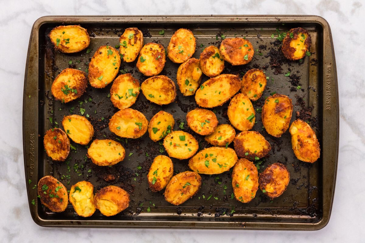roasted potatoes on a baking sheet