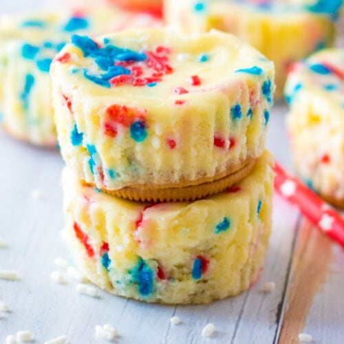 Close up photo of a stack of two Patriotic Mini Cheesecakes