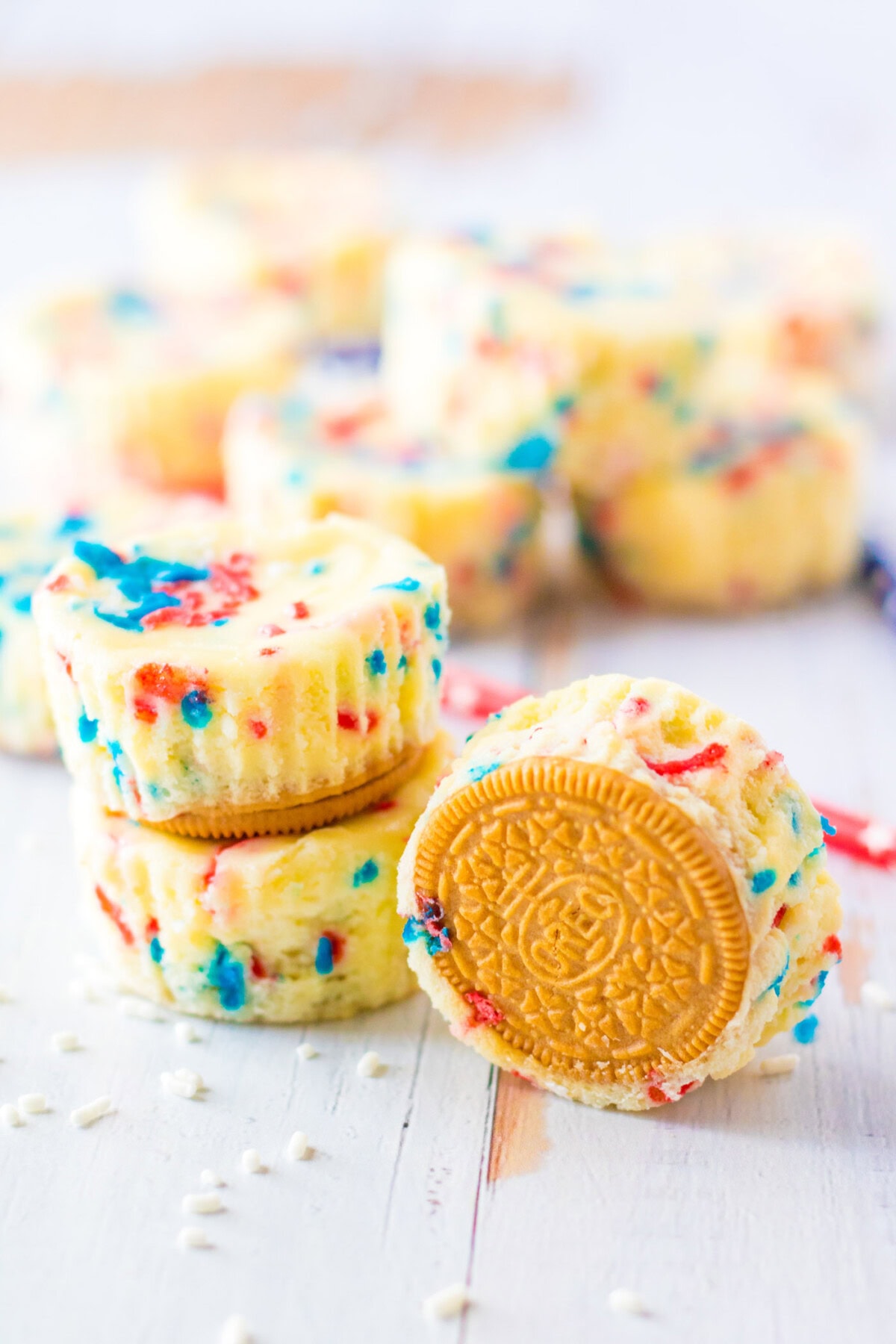 Stack of Patriotic Mini Cheesecakes and one on its side