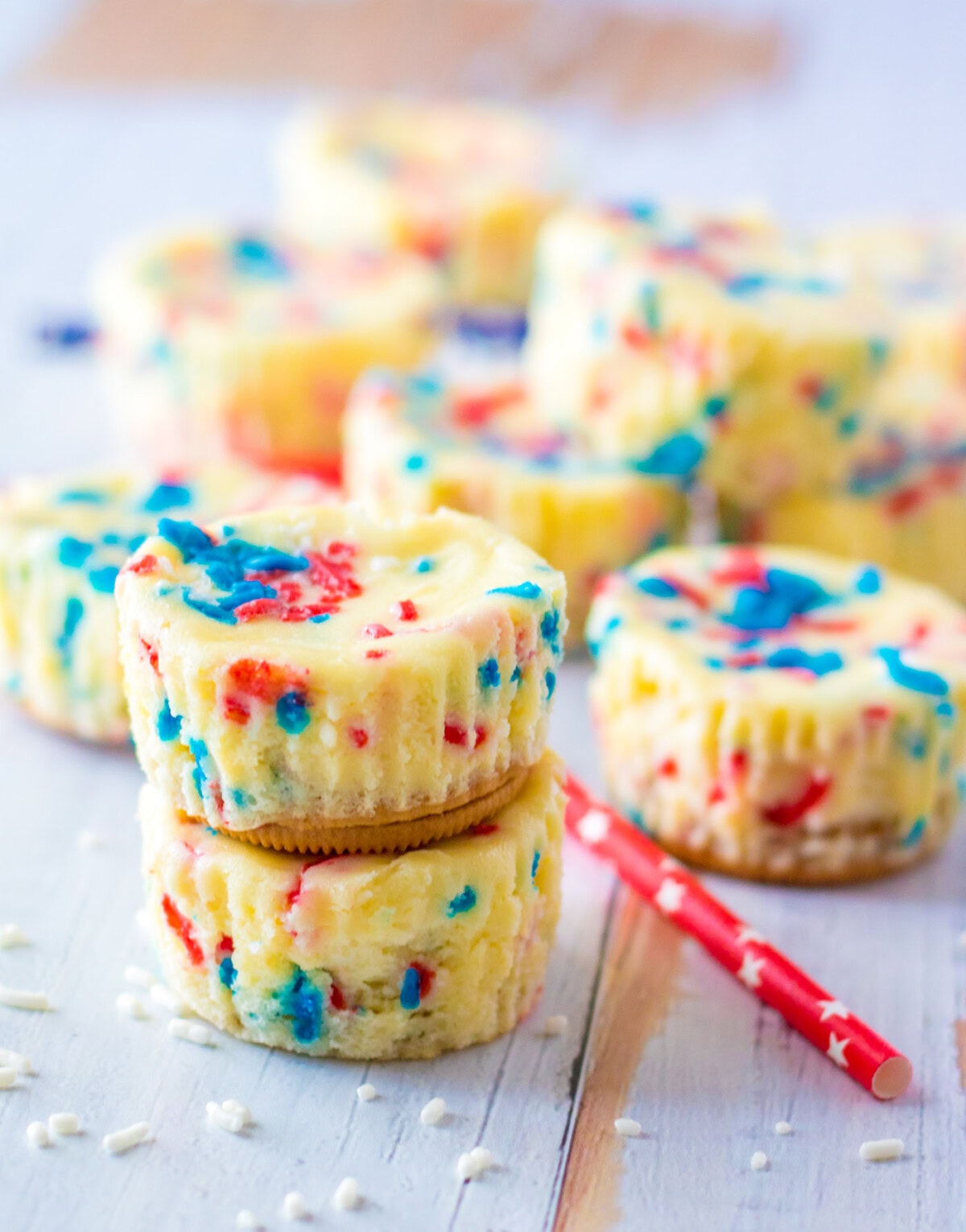 Stack of Patriotic Mini Cheesecakes with more behind