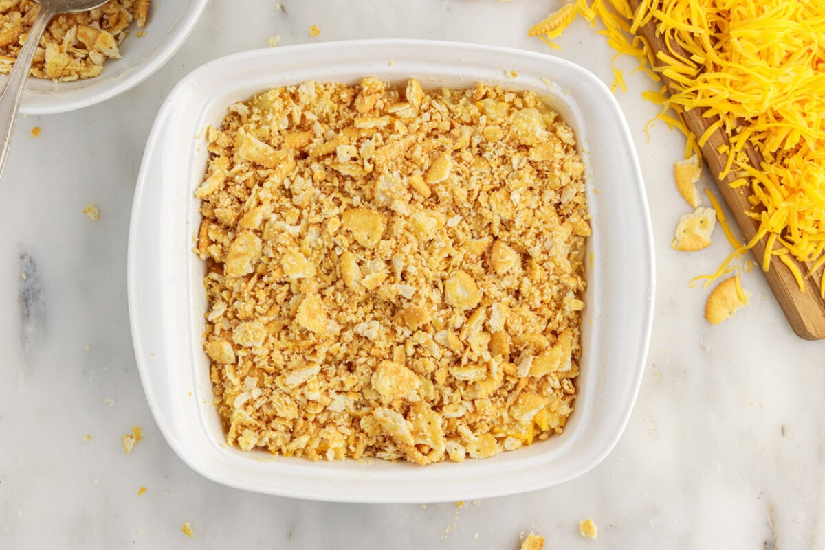 pineapple casserole in a baking dish