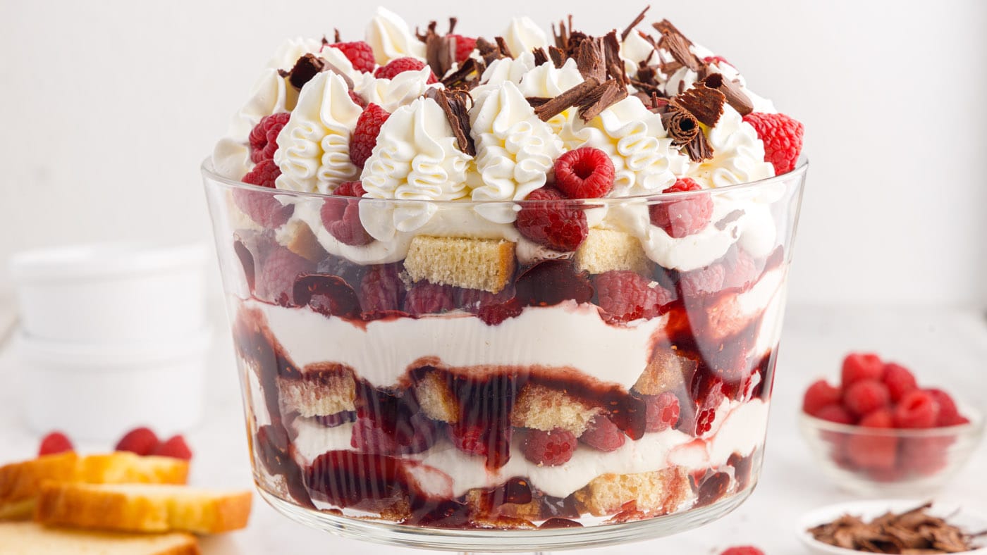 Our raspberry trifle showcases both fresh raspberries and raspberry jam for a gorgeous dessert fille