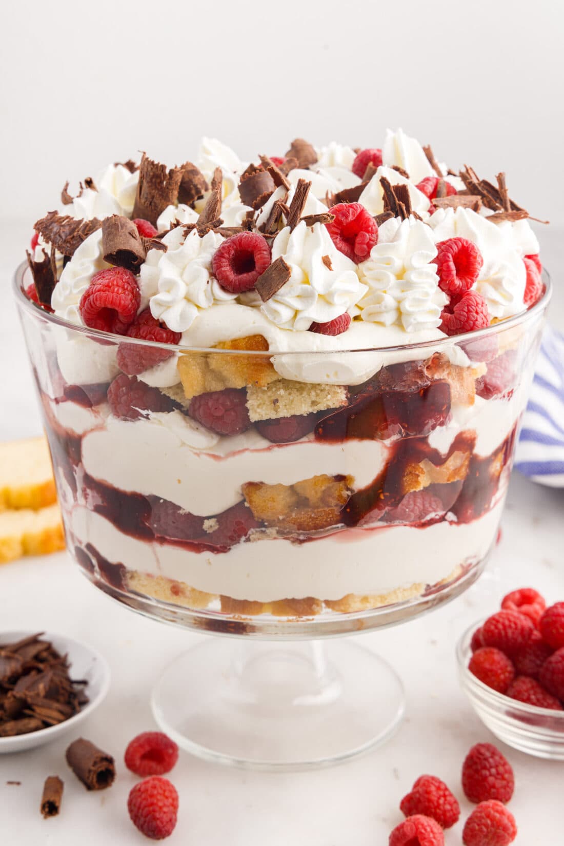 Photo of Raspberry Trifle with shaved chocolate and raspberries on the side