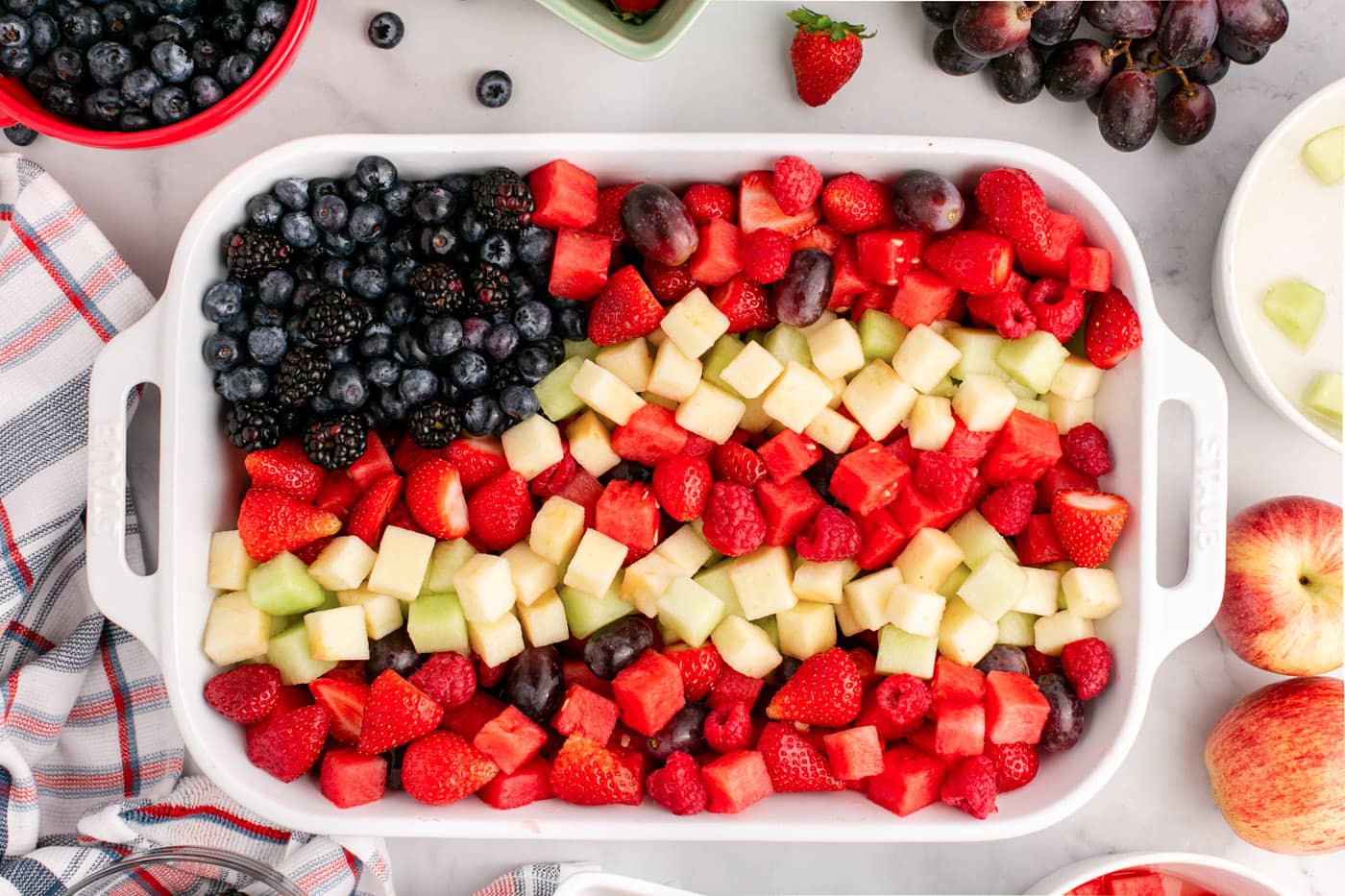 red white and blue fruit salad overhead shot