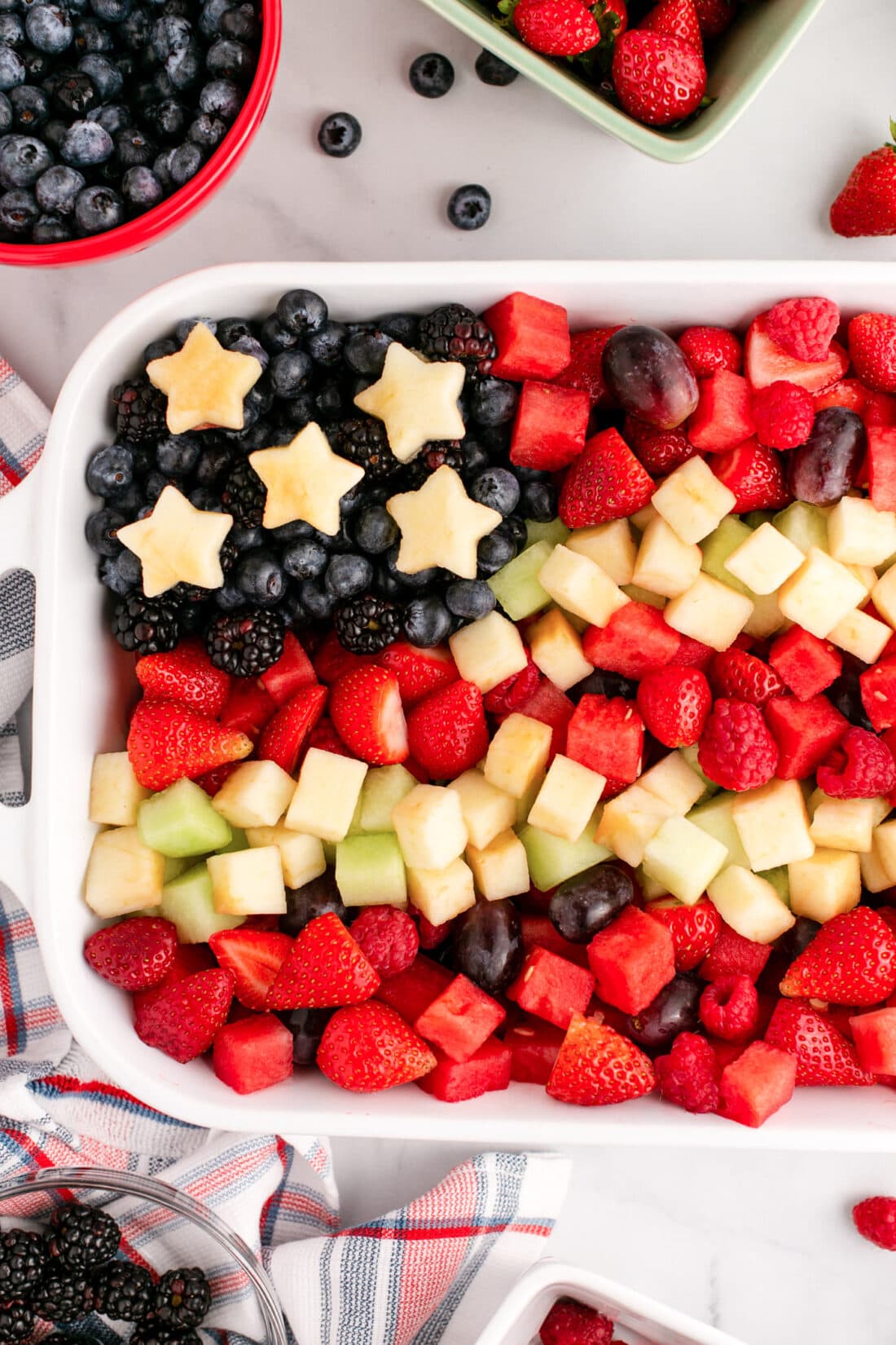 Close up of a Red White & Blue Fruit Salad