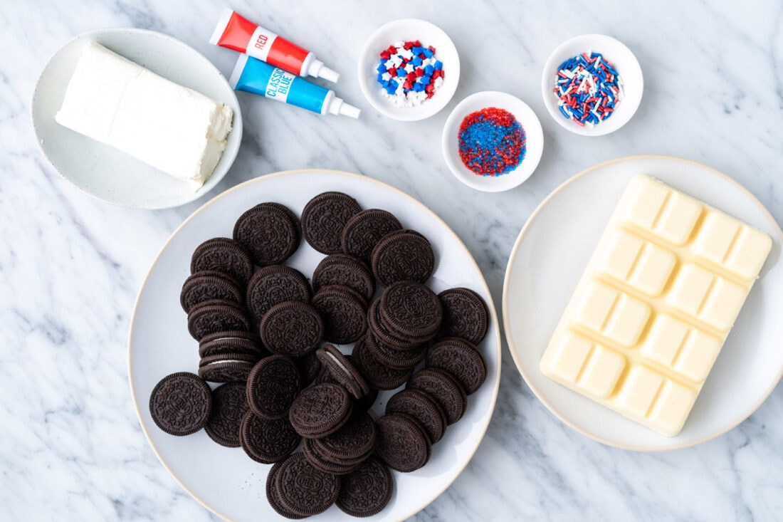 Ingredients for Red White and Blue Oreo Truffles