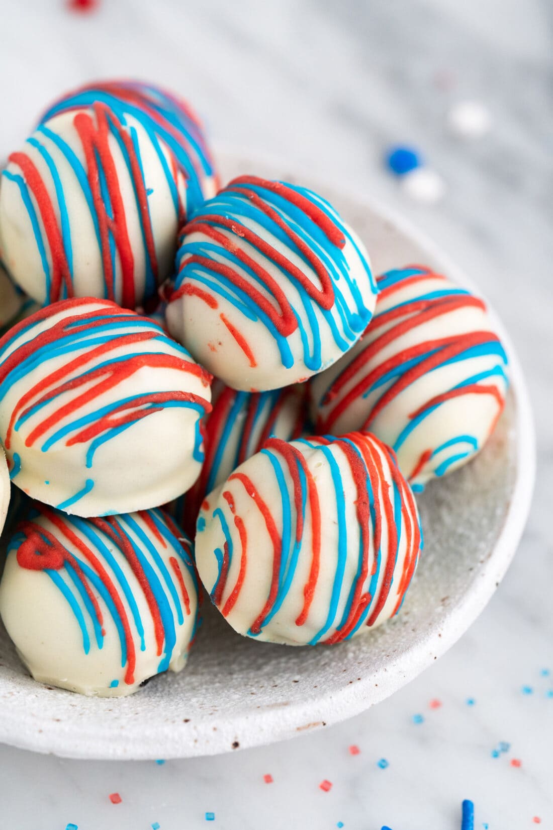 Bowl of Red White and Blue Oreo Truffles