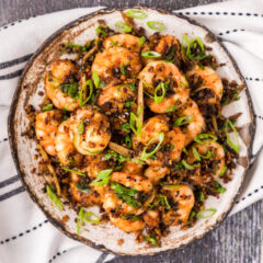 Overhead photo of a plate of Salt and Pepper Shrimp