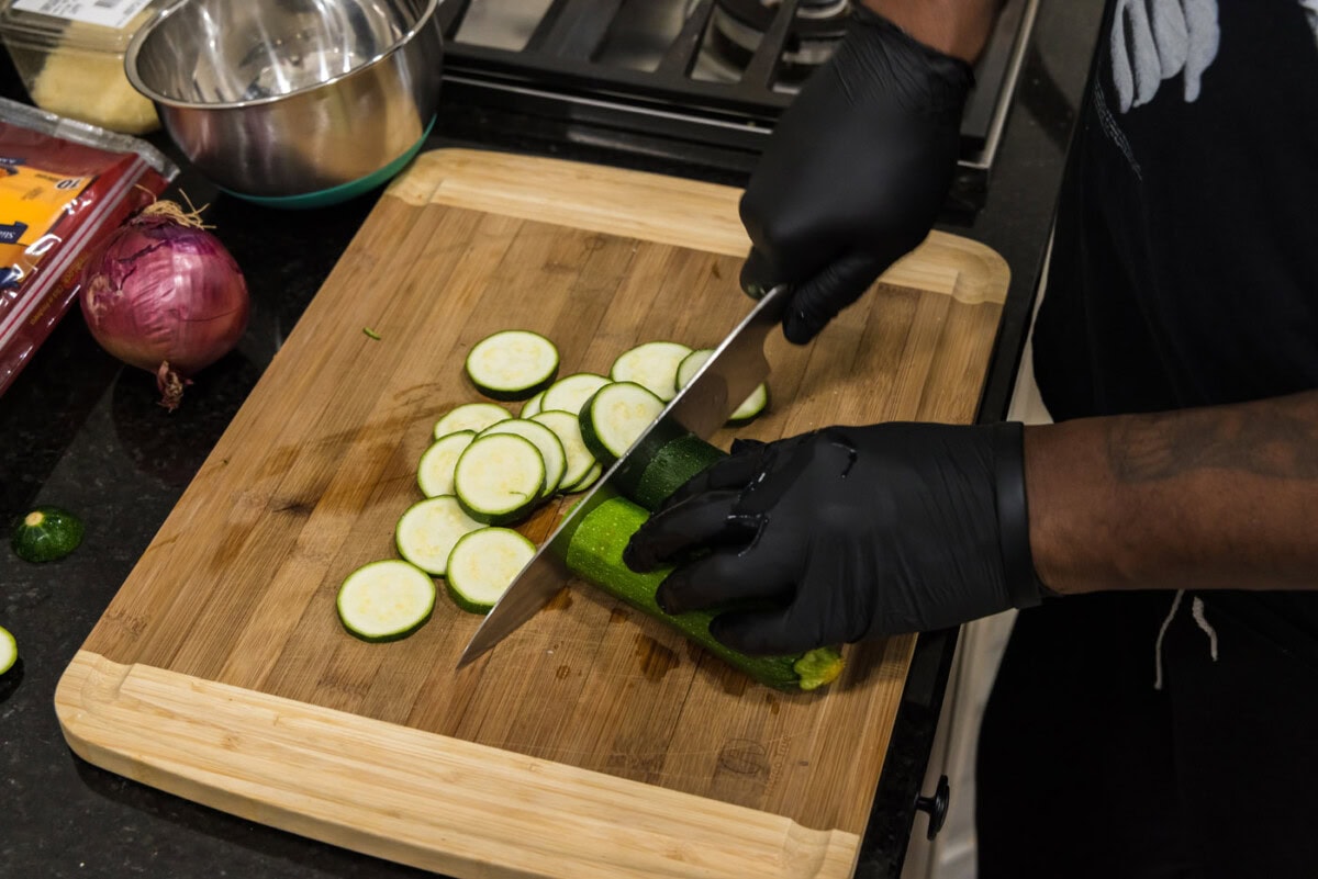 slicing zucchini with a chefs knife