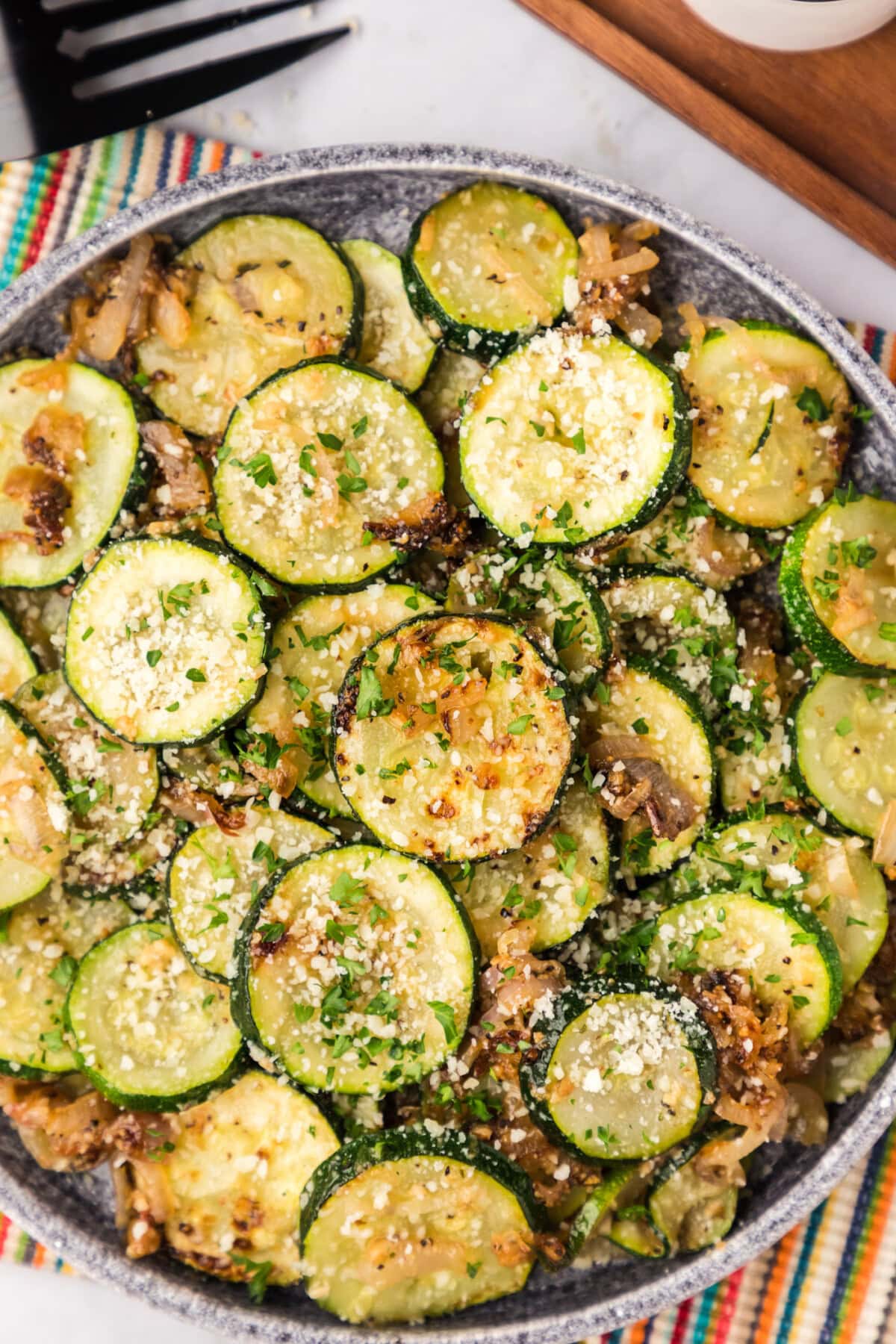 Close up photo of a bowl of Sautéed Zucchini