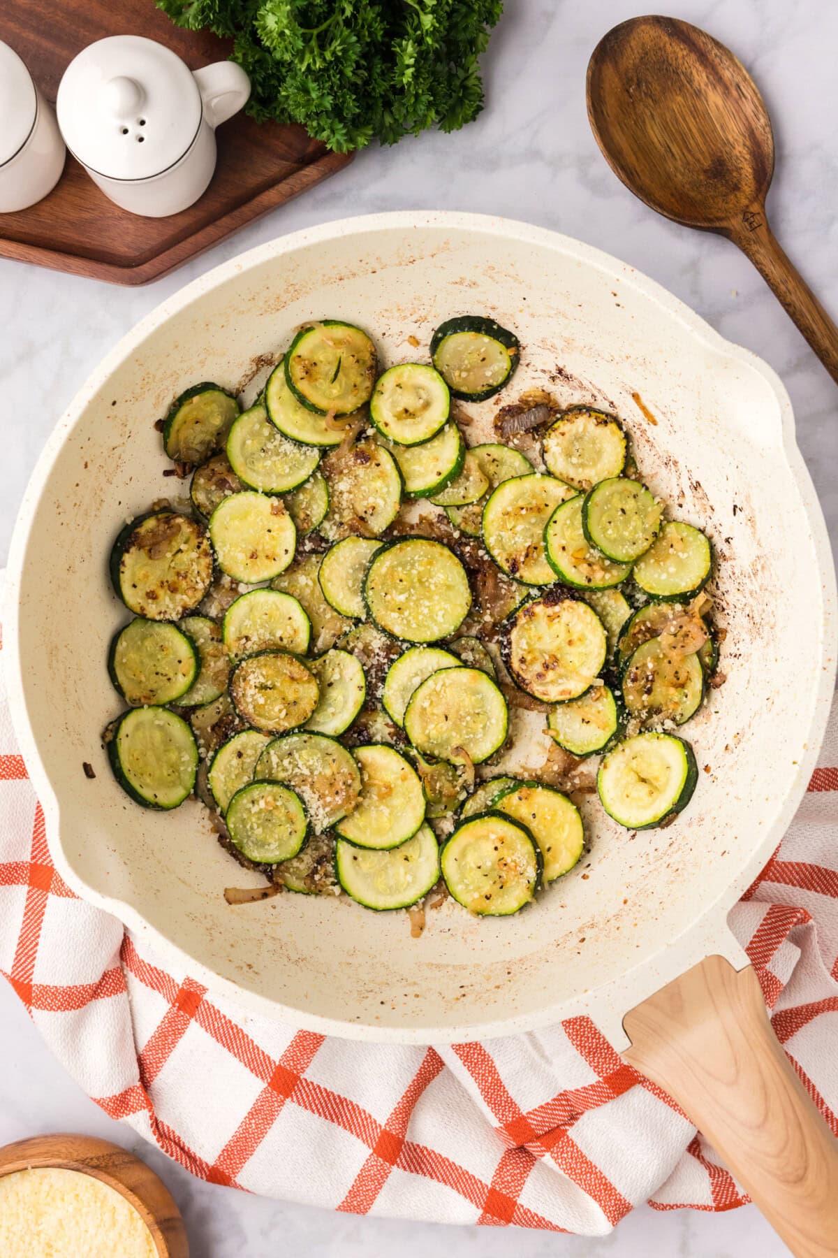 Overhead photo of a skillet of Sautéed Zucchini