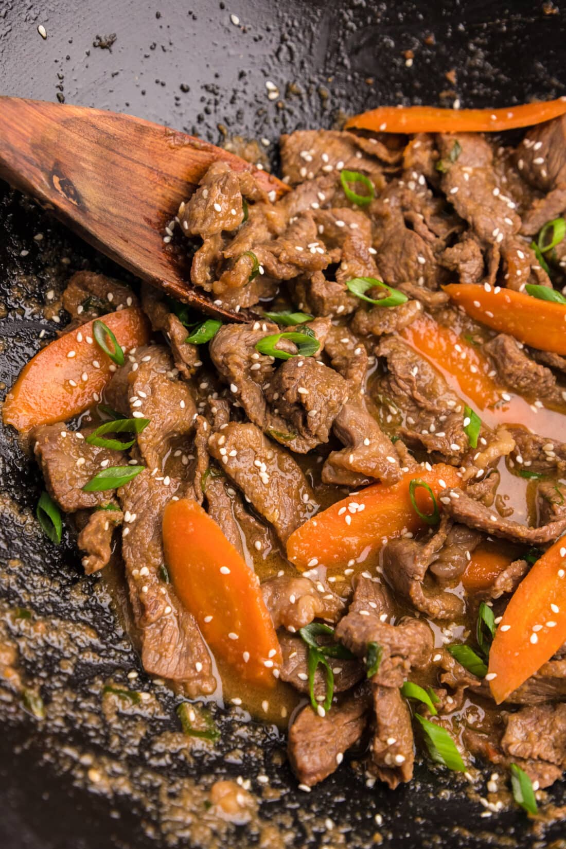 Close up photo of Beef Bulgogi in a wok