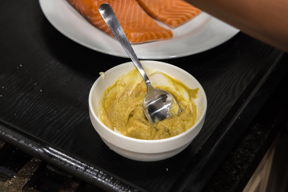 dijon mustard, brown sugar, and butter mixed in a bowl
