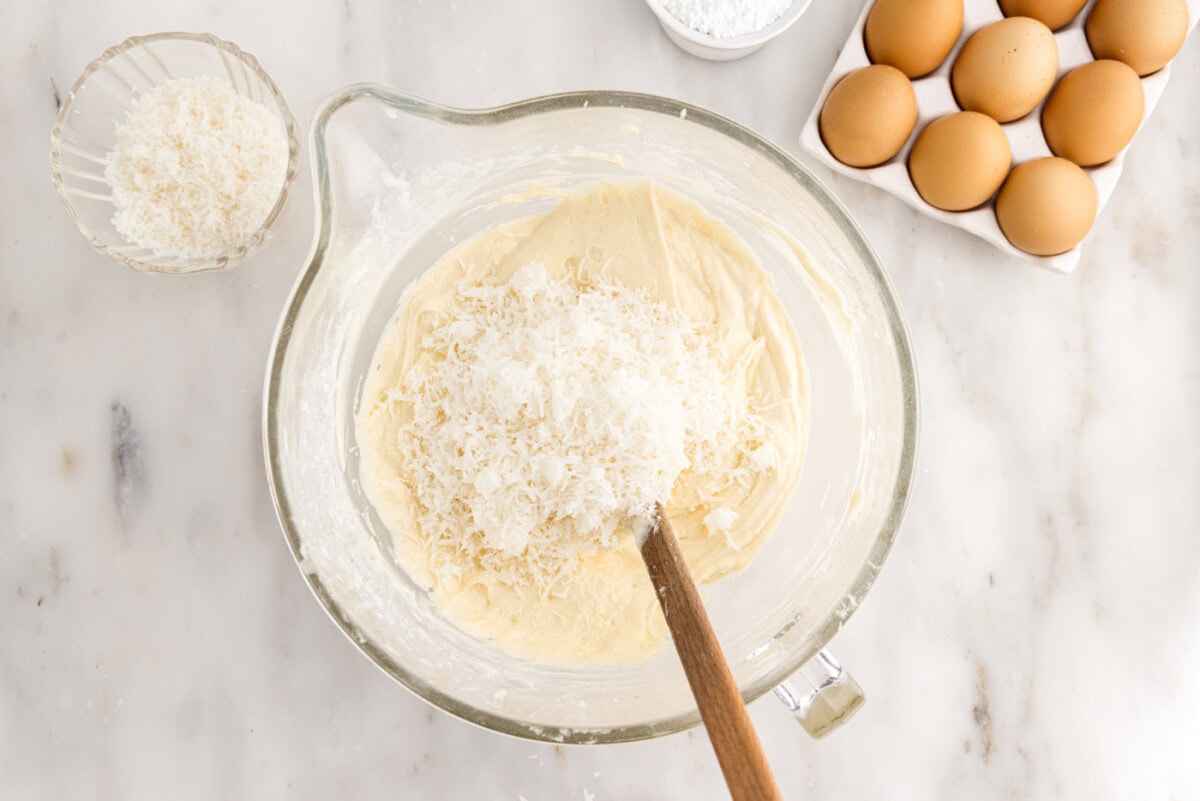 shredded coconut added to cake batter