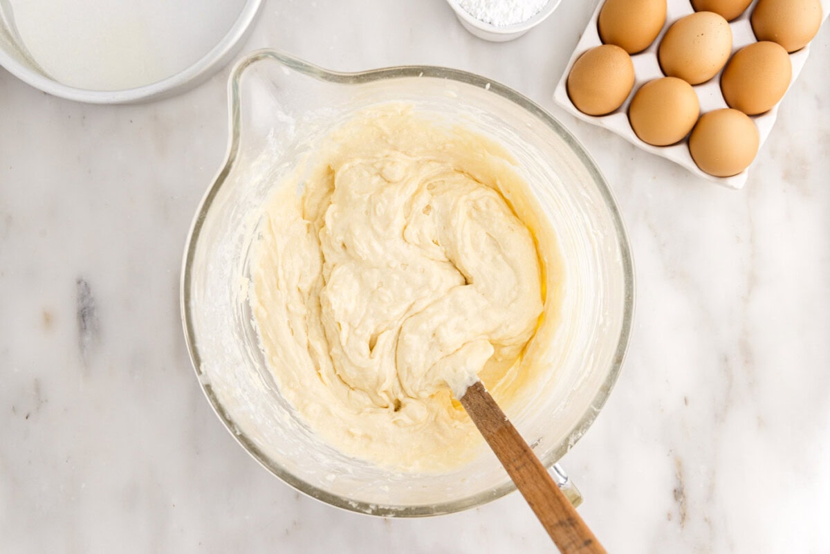 coconut cake batter in a mixing bowl