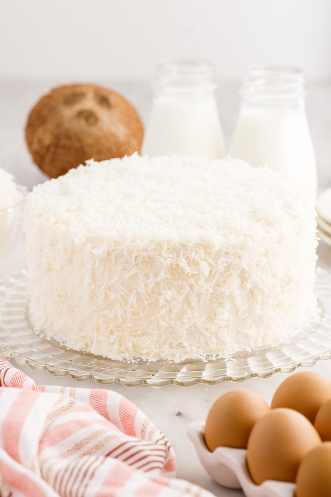 Coconut Cake on a cake plate