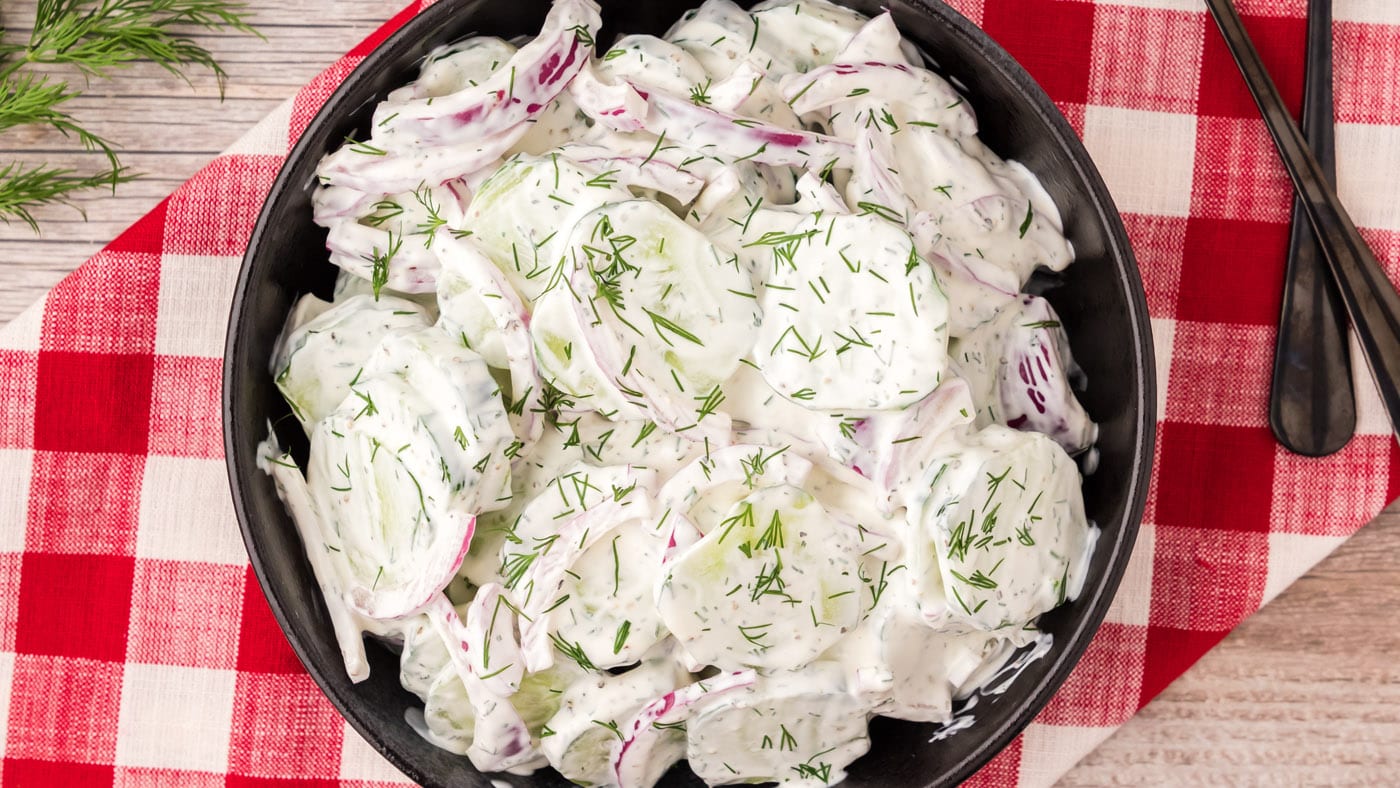 This cucumber salad is sweet, tangy, and creamy with a pop of dill for fresh flavor throughout. Plus