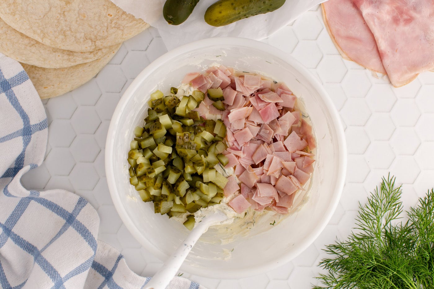 chopped ham and dill pickles added to cream cheese