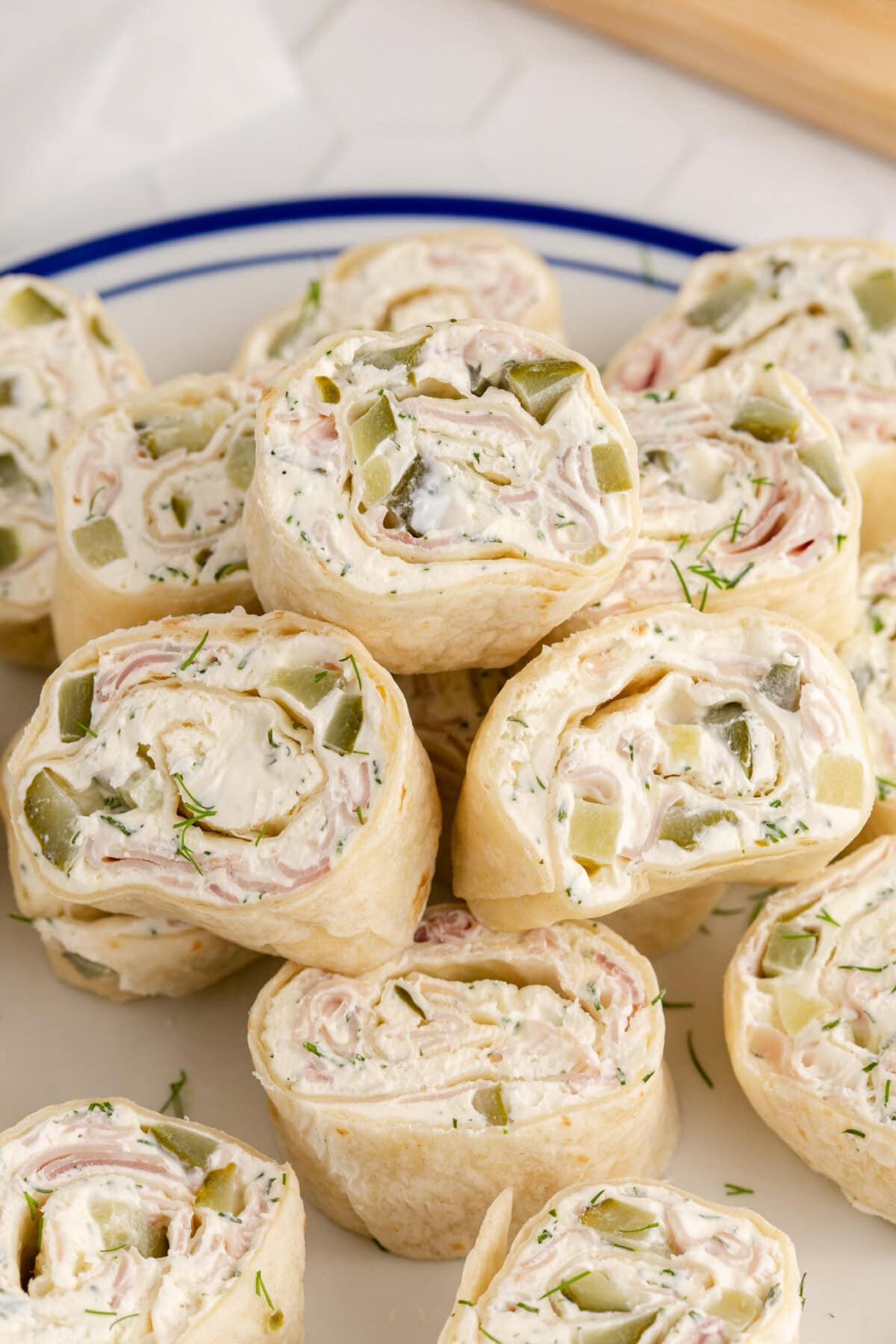 Stacked Dill Pickle Pinwheels on a plate