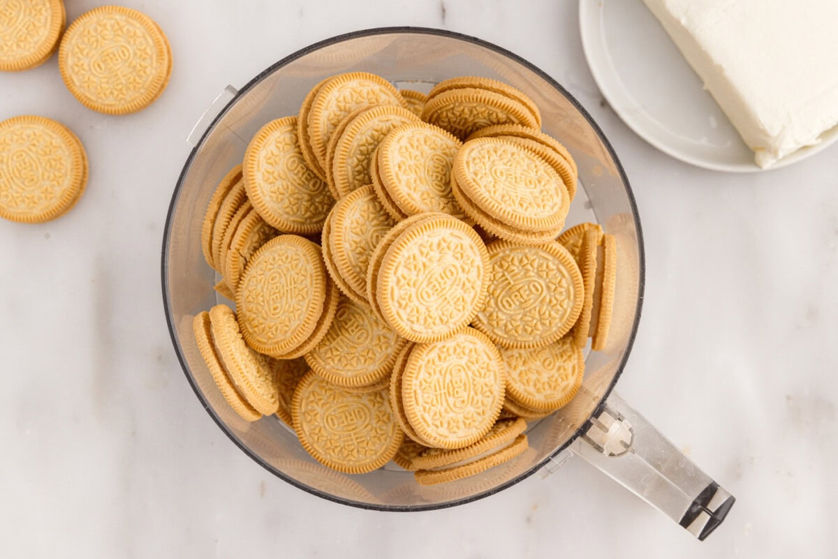 golden oreo cookies in a food processor