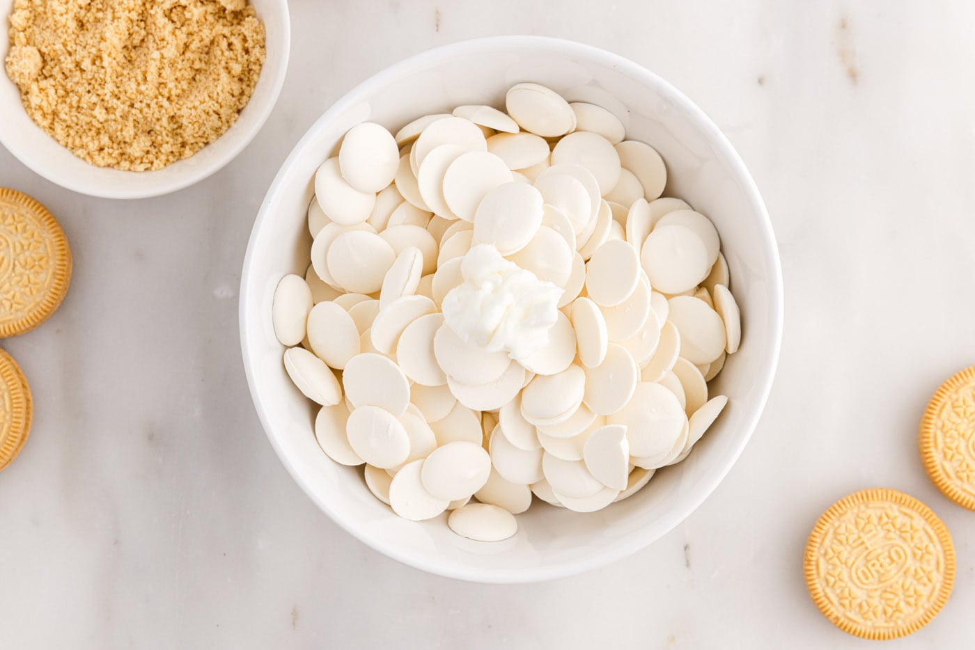 white chocolate melting wafers in a bowl