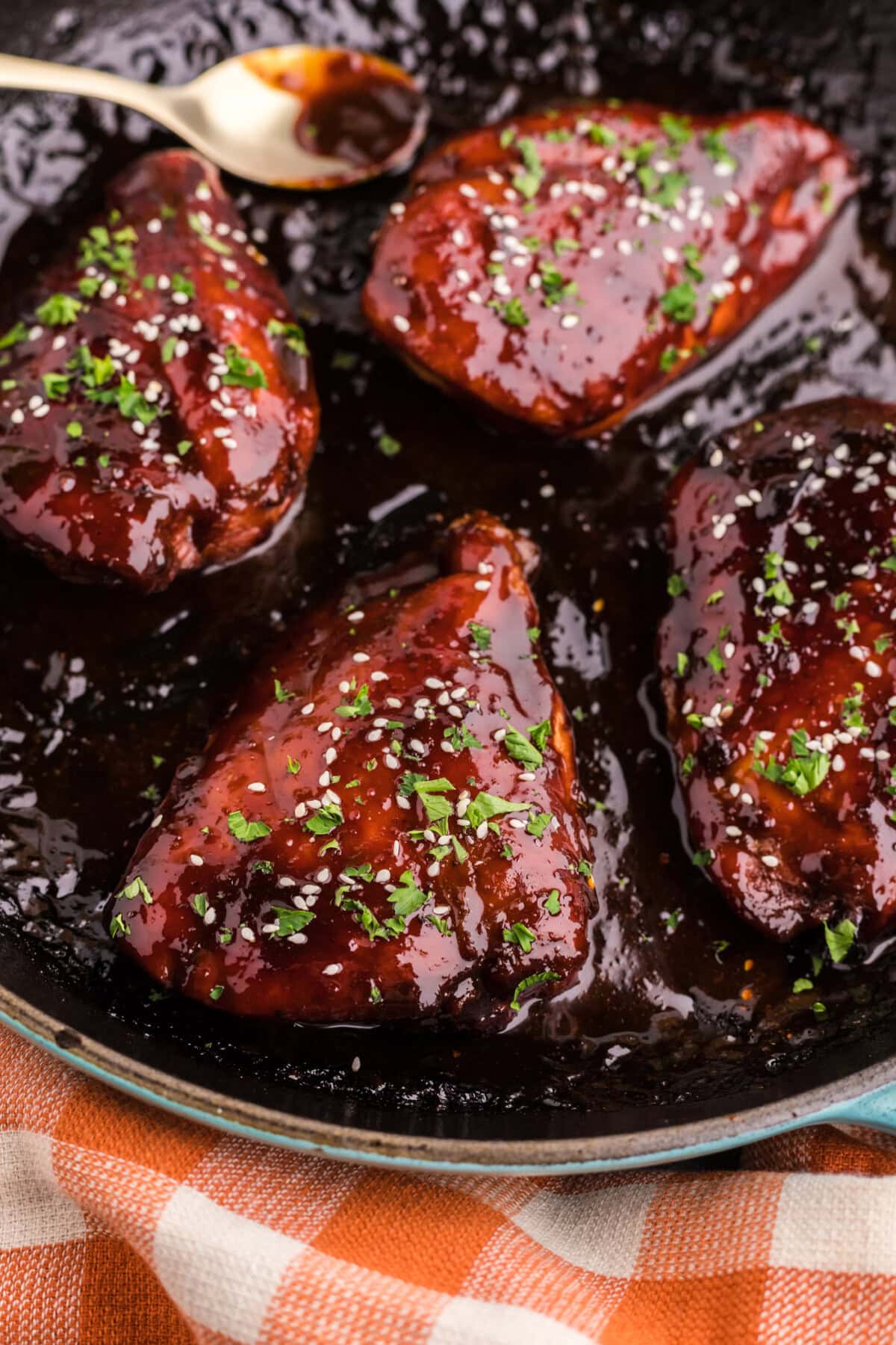Close up photo of Honey Garlic Chicken Breasts in a skillet