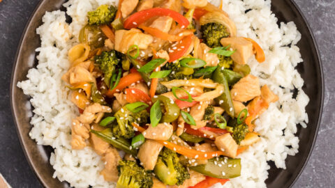 Plate of Honey Garlic Chicken Stir Fry served over rice