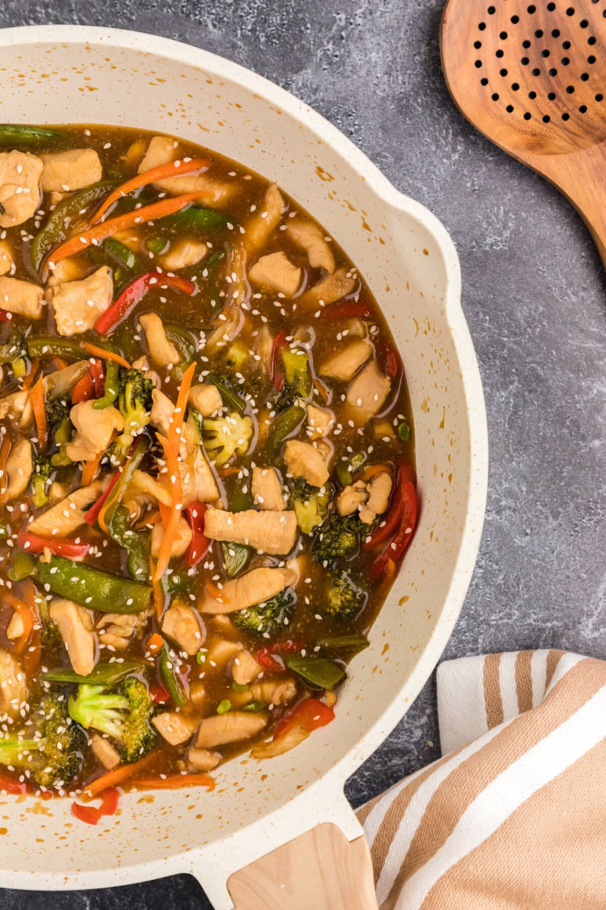 Photo of half of a skillet of Honey Garlic Chicken Stir Fry