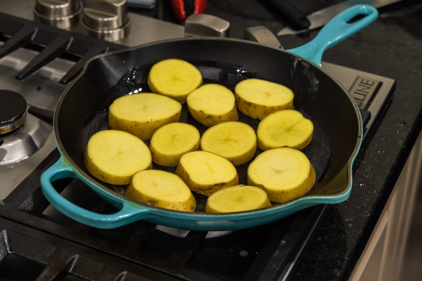 potato rounds in a skillet