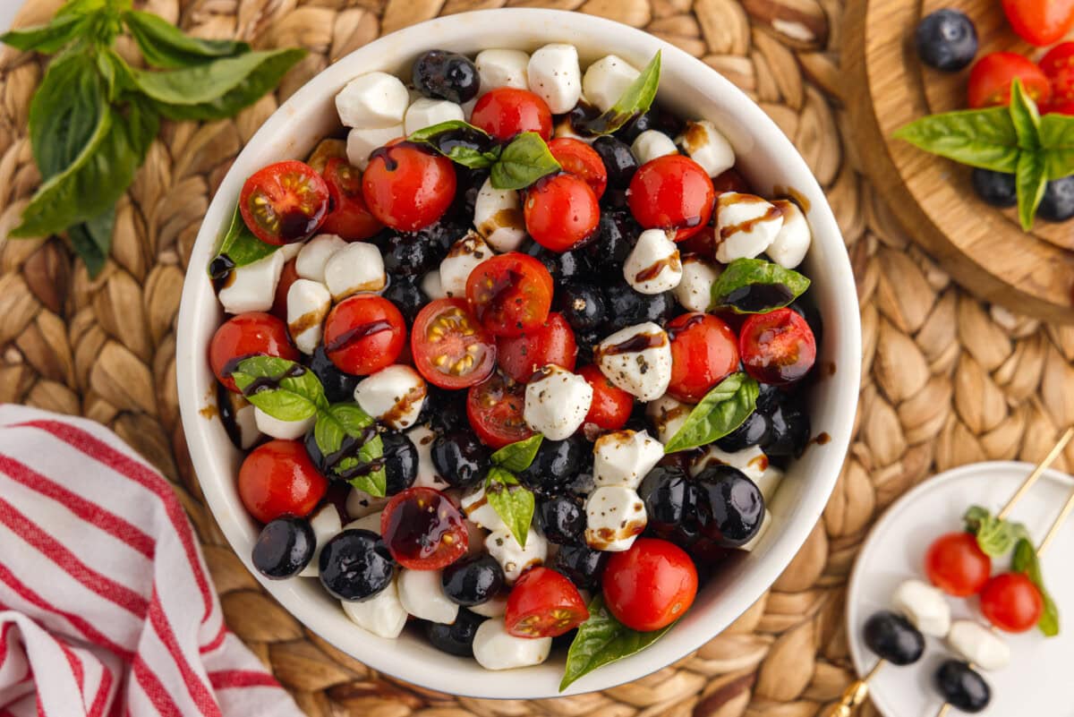 finished overhead of red white and blue caprese salad