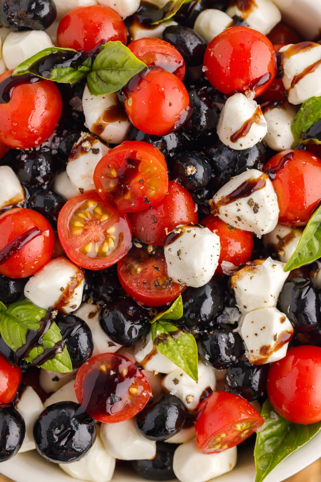 Close up photo of Red, White & Blue Caprese Salad