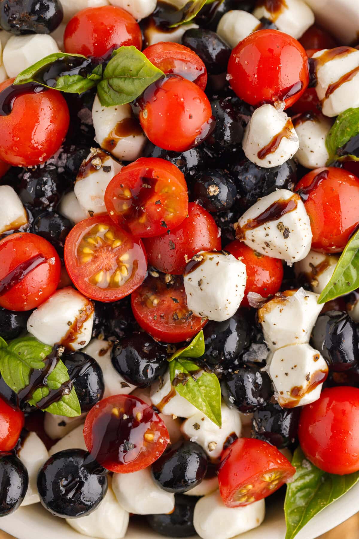 Close up photo of Red, White & Blue Caprese Salad