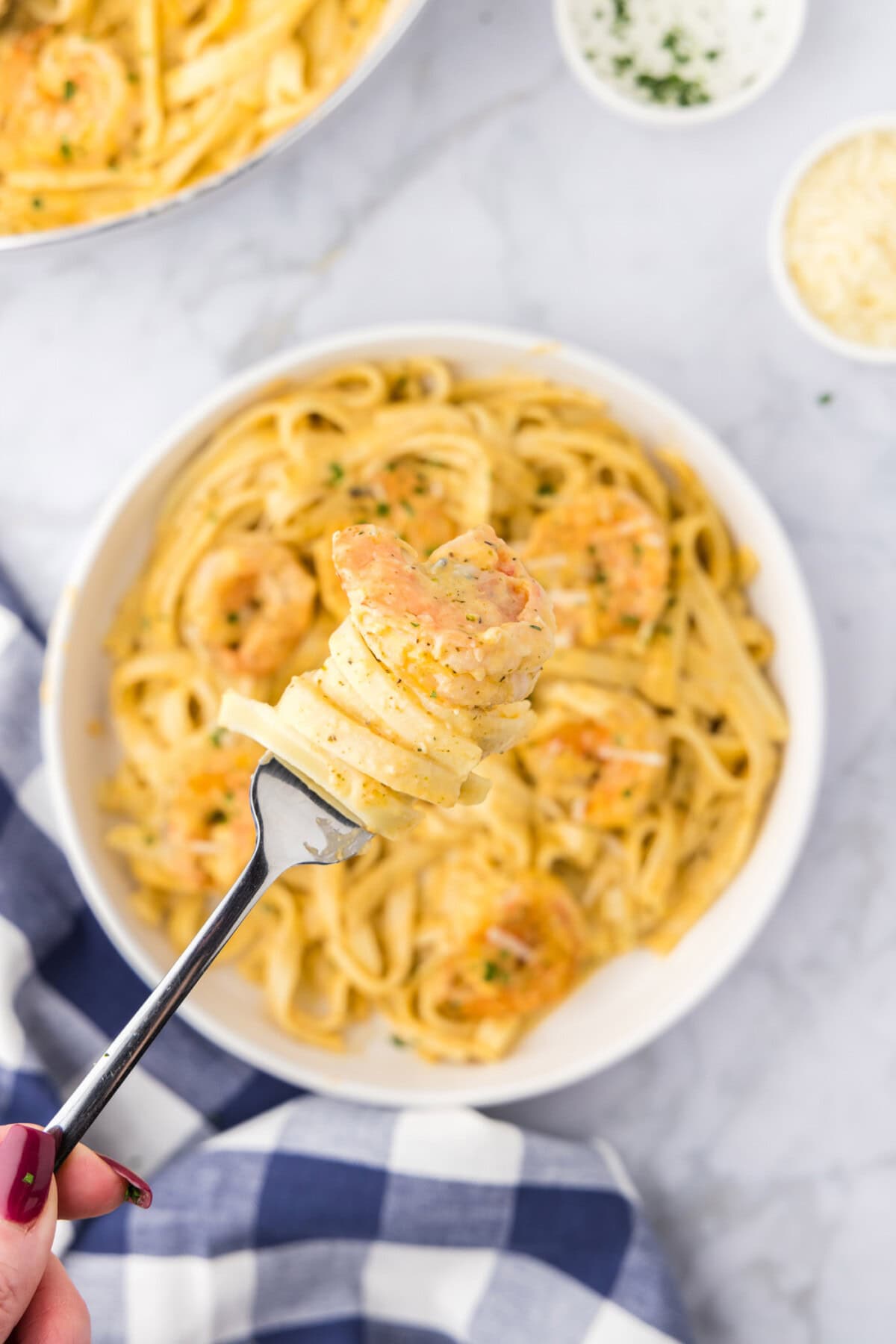 Shrimp Alfredo twisted around a fork held above a bowl of Shrimp Alfredo