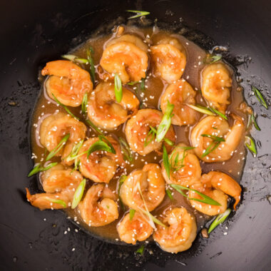 Close up photo of Teriyaki Shrimp in a wok