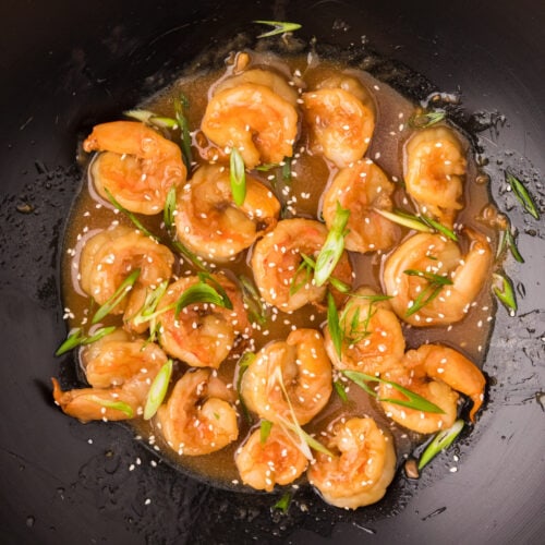 Close up photo of Teriyaki Shrimp in a wok