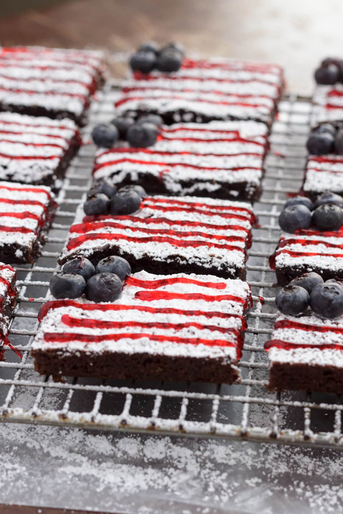 American Flag Brownies on a wire rack