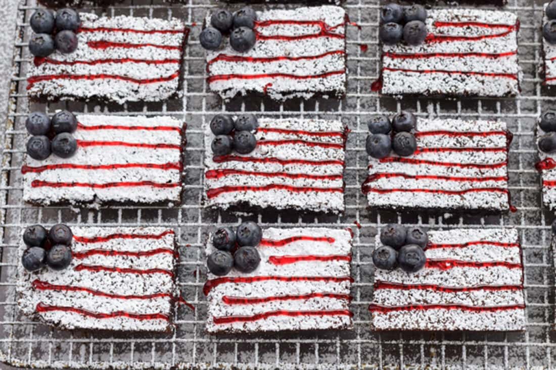 Nine American Flag Brownies on a wire rack