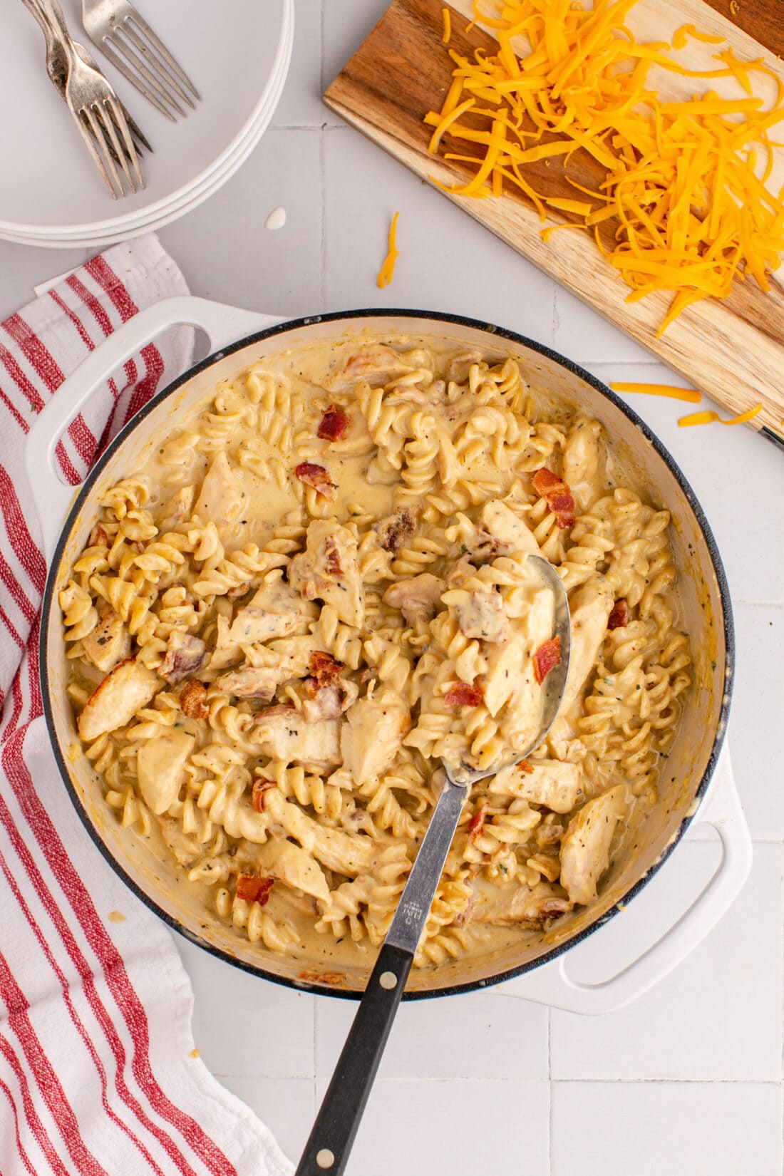 Pot of Bacon Chicken Ranch Pasta with a spoon in it