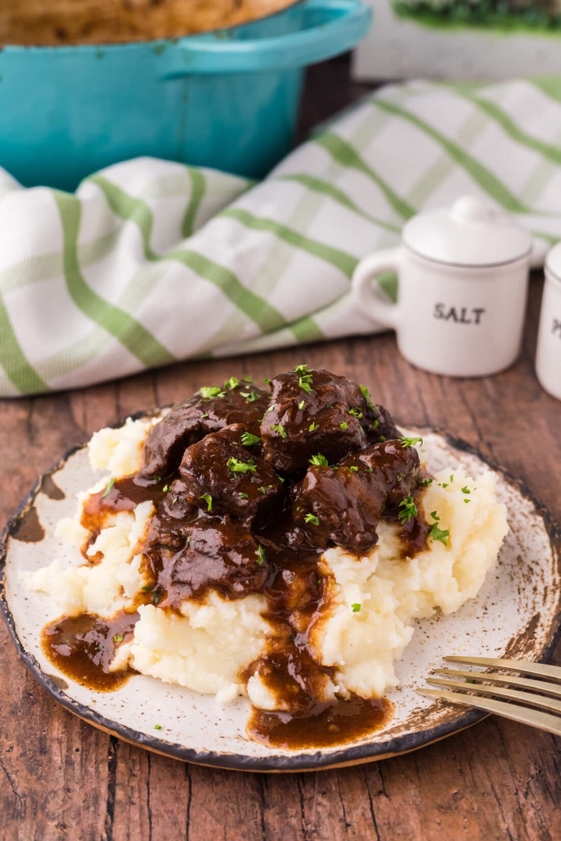 Plate of Beef Tips and Gravy served over mashed potates